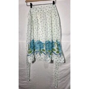 Vintage Floral Half Apron Womens OS White Blue Rose Border Print Cotton Gauze‎